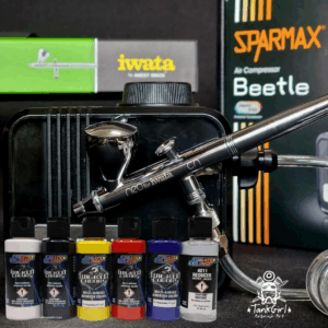 Airbrush and compressor starter combo featuring the Iwata Neo CN airbrush, Sparmax Beetle compressor, and six Wicked Colors paints including reducer.